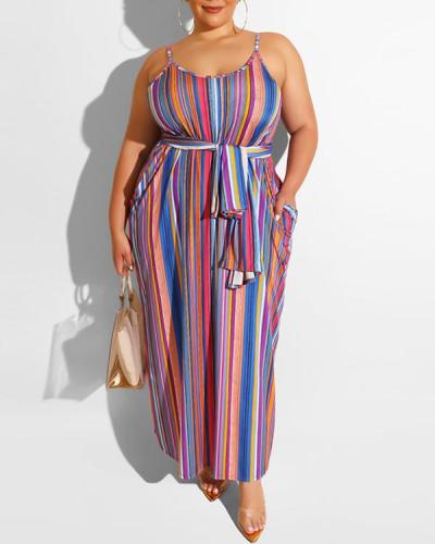 Plus Size Striped Loose Dress With Belt