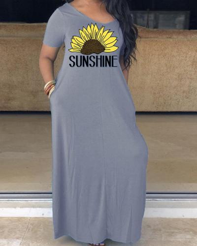 Casual Plus Size Short Sleeve V Neck Printed Maxi Dress