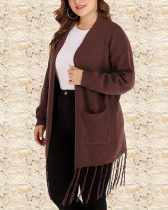 Large Pocket Long Fringed Knitted Cardigan Coat