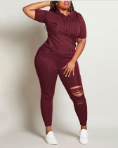 Sportswear Hooded Collar Short Sleeve Regular Sleeve Solid Plus Size Set