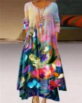 Women Casual Printed Crew Neck 3/4 Sleeve Dresses