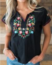 Ethnic Fashion Short Sleeve V-Neck Floral Embroidered T-Shirt