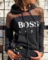 Mesh Patchwork Casual Letter Print Hooded Pullover Sweatshirt