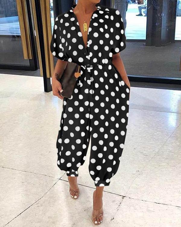 Dots Print Fold-Over Collar Single-Breasted Short-Sleeved Jumpsuit
