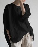 Women O-Neck Half Sleeve Solid Loose Plus Size Casual Linen Tops