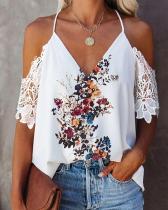 Lace V-neck Open Back Floral Print Top Chiffon Shirt