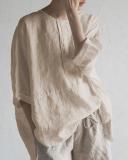 Women O-Neck Half Sleeve Solid Loose Plus Size Casual Linen Tops