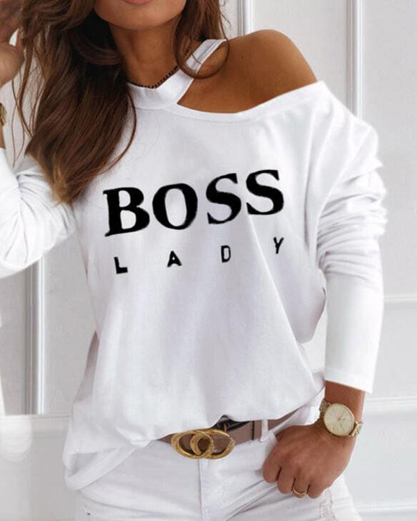 Letter Print One-Shoulder Long Sleeves Casual Blouses