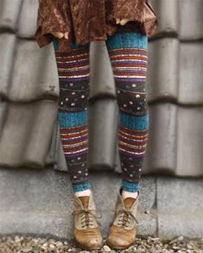 Women Stripe Vintage Print Leggings Casual Pants