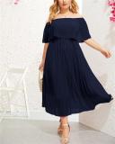 Lady temperament European and American women's plus size one-line collar off-shoulder pleated dress