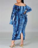 Tie-dye printed one-line neck slit skirt with flared sleeves plus size women's clothing