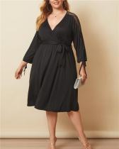 Fashion solid color V-neck three-quarter sleeve lace stitching plus size dress
