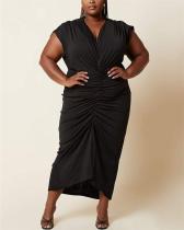 V-neck solid color pleated plus size dress