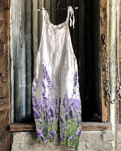 Women Romantic Lavender Print Linen Jumpsuits