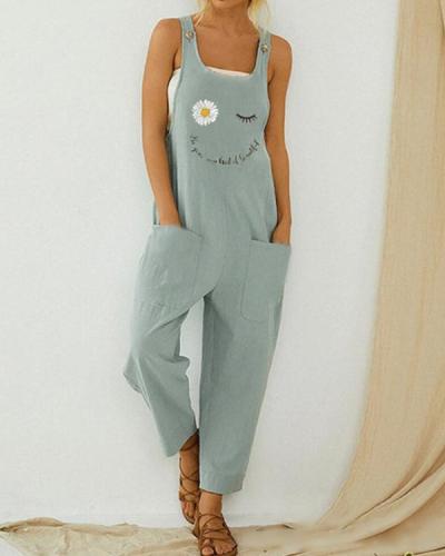 Cartoon Daisy Floral Letter Printed Jumpsuit With Pocket