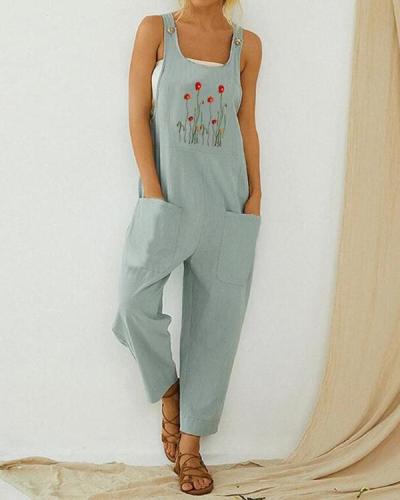 Flower Embroidered Straps Casual Jumpsuit For Women