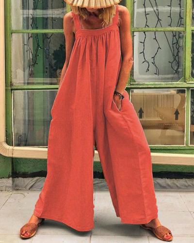 Solid Color Casual Sling Loose Jumpsuit