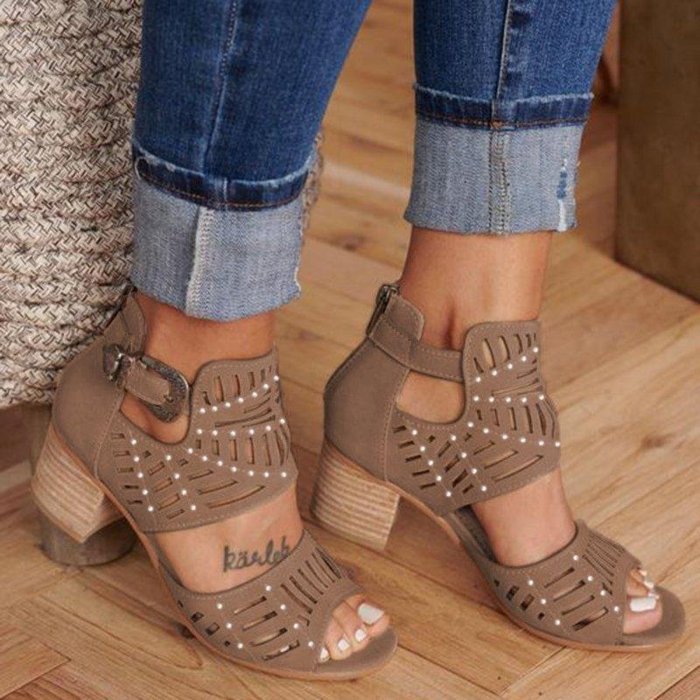 Women Cut-out Slip-on Stylish Mid Heel Sandals Shoes -san