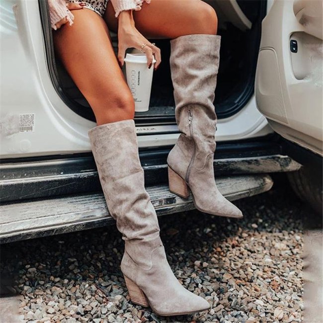 NEW! Women's Suede Chunky Heel Martin Boots Pointed Toe With Ruched Zipper shoes -boots