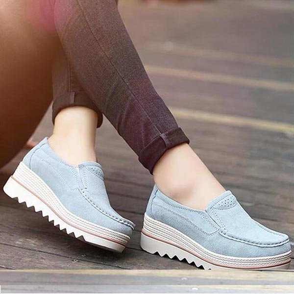 Womens Breathable Suede Round Toe Slip On Platform Shoes -loafers