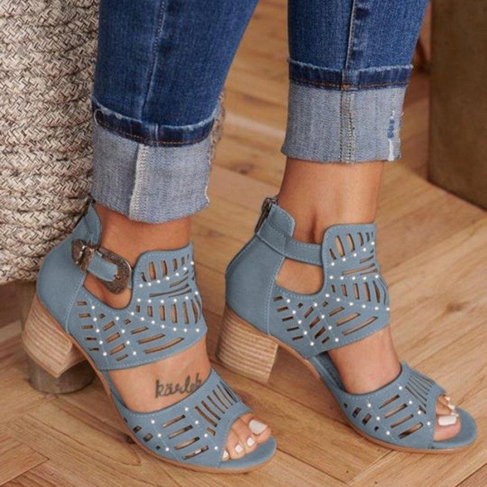 Women Cut-out Slip-on Stylish Mid Heel Sandals Shoes -san