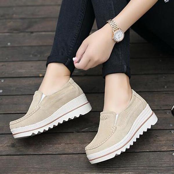 Womens Breathable Suede Round Toe Slip On Platform Shoes -loafers