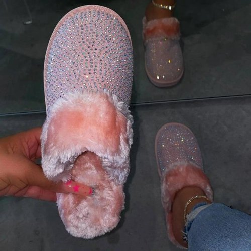 Women Cozy Fur Bling Rhinestones Slip on Indoor Shoes Slippers -san
