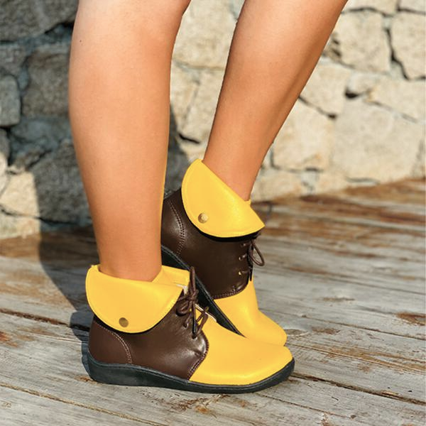 Women's PU Low Heel Boots With Lace-up Splice Color shoes -boots