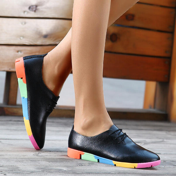 Women's Leatherette Flat Heel Flats With Lace-up Splice Color shoes -loafers