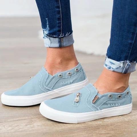 Large Size Zipper Denim Loafers Flats Canvas Shoes Women Casual Slip on -loafers