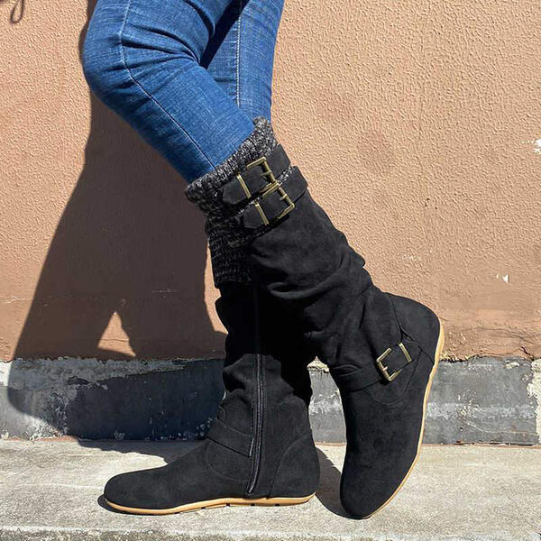 NEW! Women's Suede Flat Heel Mid-Calf Buckle Zipper shoes -boots