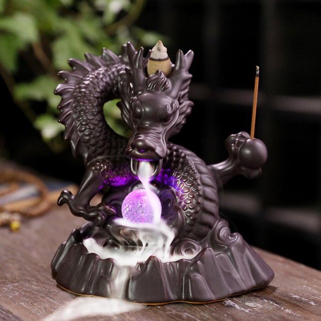 Ceramic dragon incense burner LED lamp