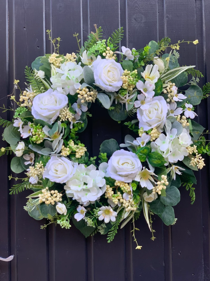 Beautiful handmade all white and green faux flower large door wreath