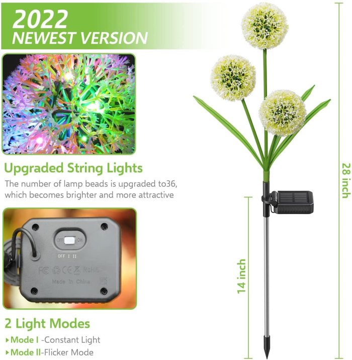 Outdoor Solar Dandelion Garden Stake Lights With Colorful String Lights