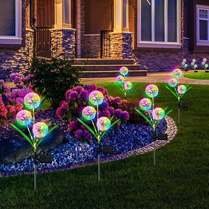 Outdoor Solar Dandelion Garden Stake Lights With Colorful String Lights