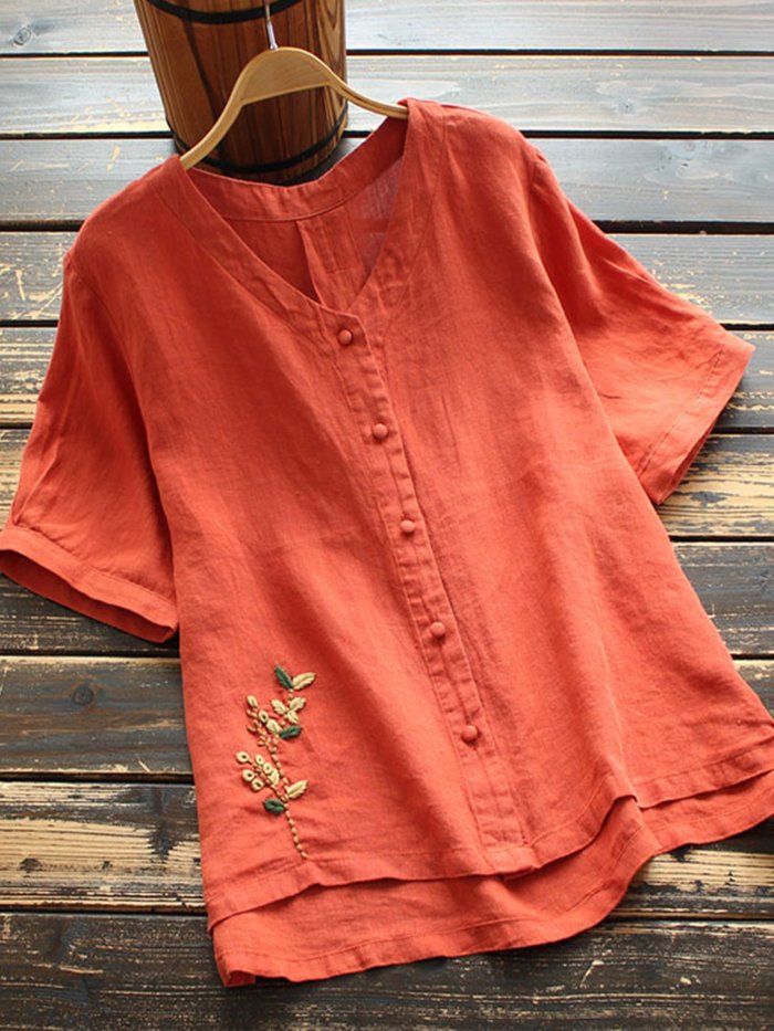 Women's Cotton Linen Embroidered Loose Casual T-Shirt
