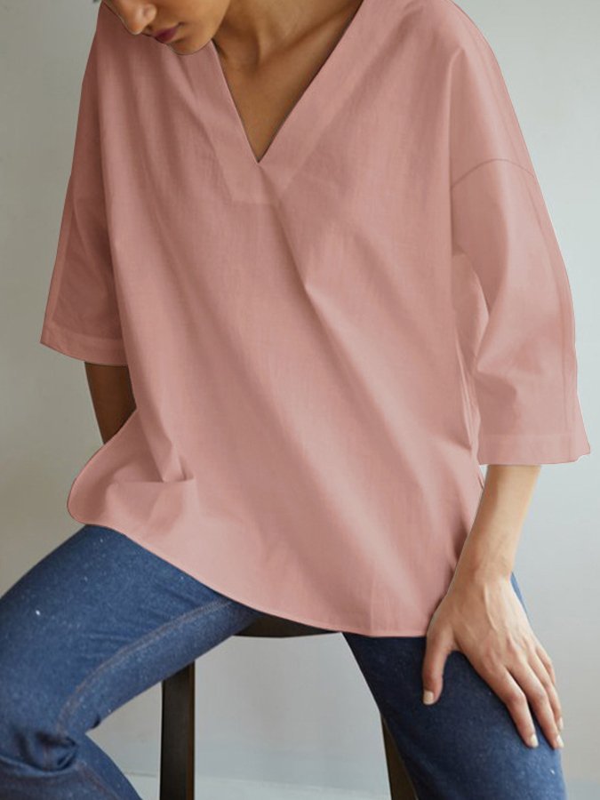 Women's Casual Pure Color V-Neck Cotton Shirt