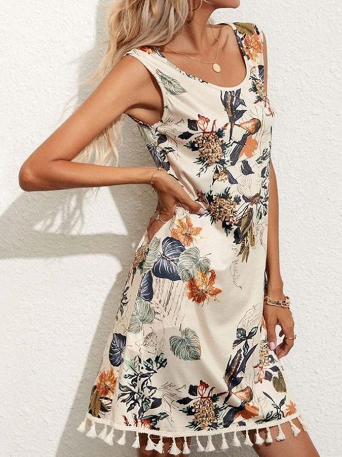 Women's Fashion Casual Print Loose Sleeveless Fringe Dress