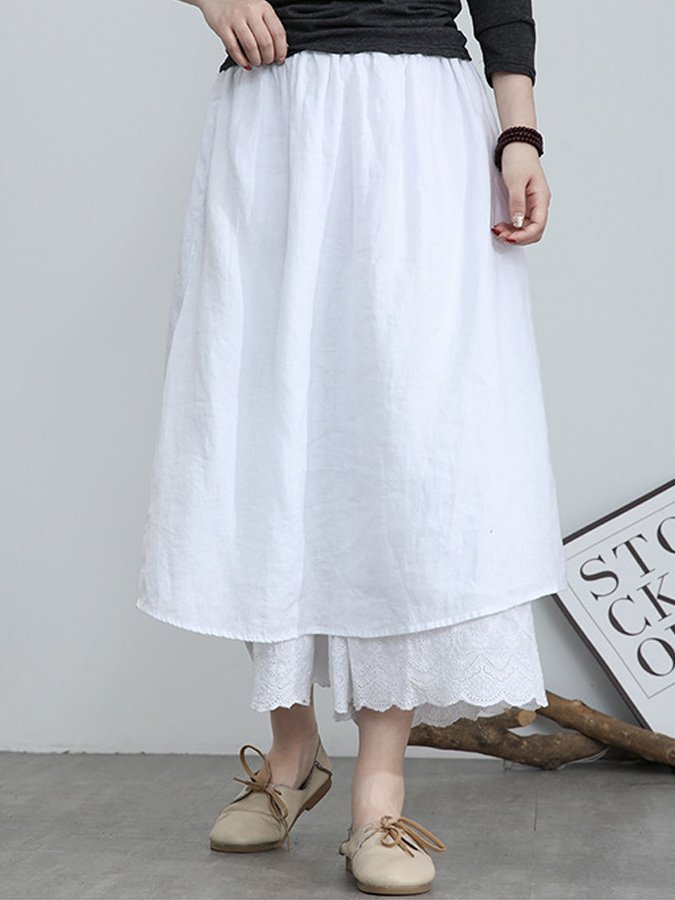 Retro Casual Cotton Linen Fake Two Piece Skirt