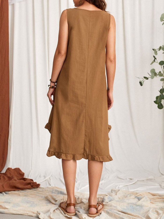 Women's Solid Color Pocket Pleated Cotton Linen Dress