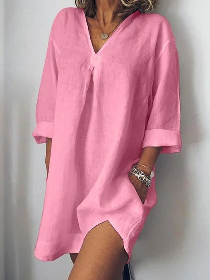 Women's Pure Color V-Neck Linen Dress