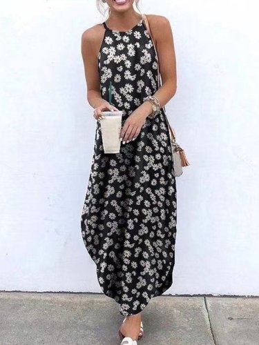 Ladies Cotton Linen Print Casual Halter Dress