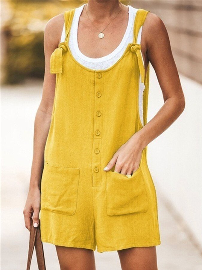 Ladies Spring/Summer Solid Color Round Neck Button Loose Short Jumpsuit