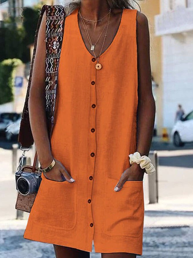 Women's Fashion Simple Cotton Linen V-Neck Pocket Sleeveless Cardigan Dress