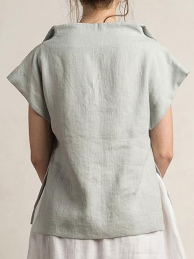 Ladies Cotton Linen V-Neck Simple Shirt