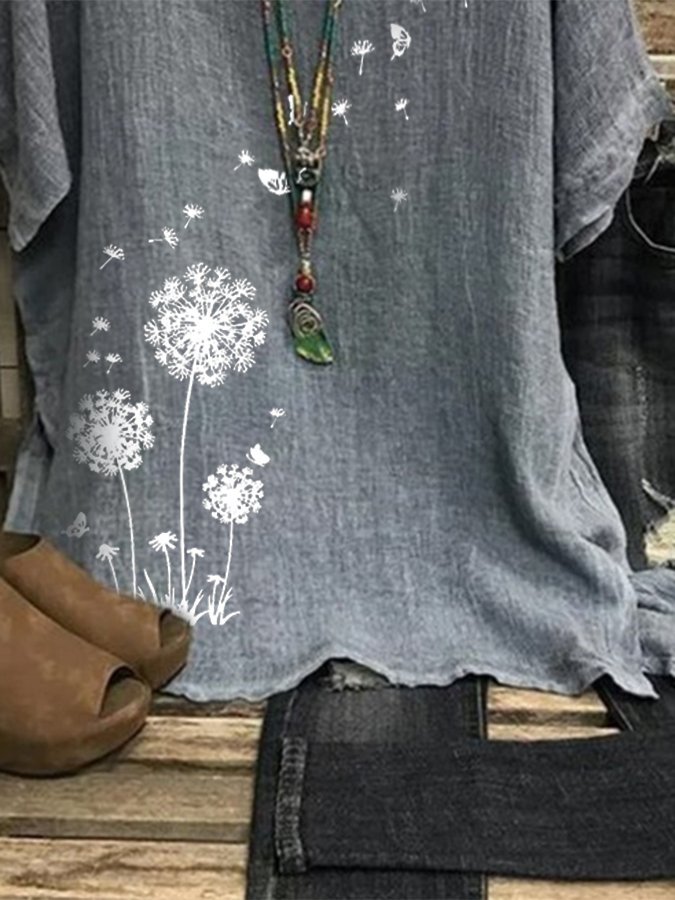 Women's Cotton Linen Dandelion Butterfly Loose Casual T-Shirt