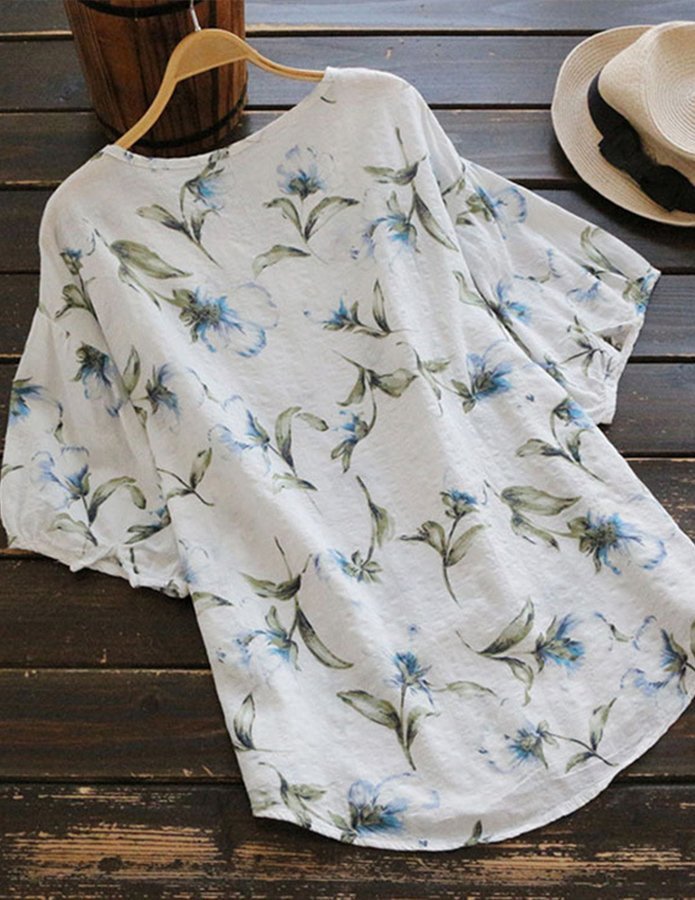 Women's Cotton Linen Printed V-neck Short Sleeve T-shirt