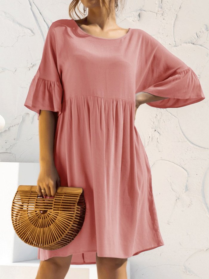 Women's Solid Color Flared Sleeve Pleated Cotton Linen Dress