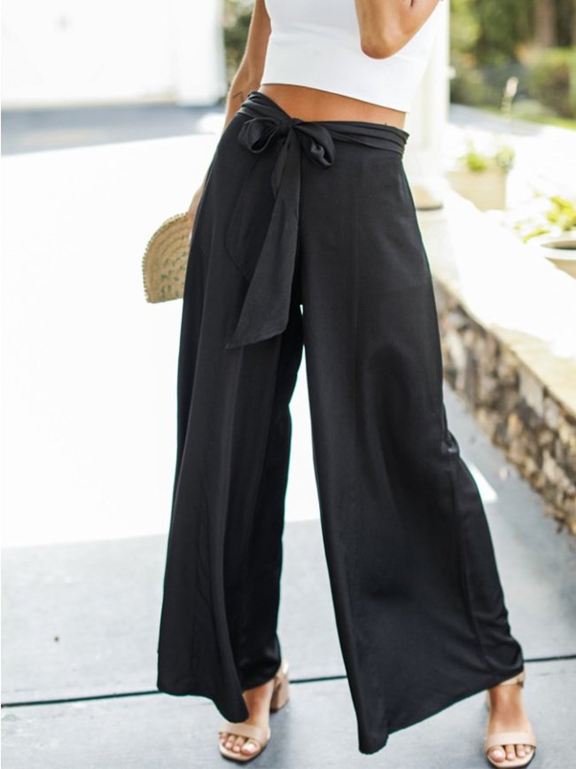 Women's Fashion Mid Waist Belted Solid Color Wide Leg Pants