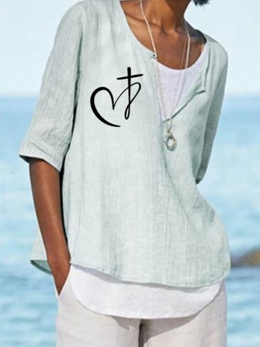 Women'sHeart with a cross Cotton Linen Faith Shirt
